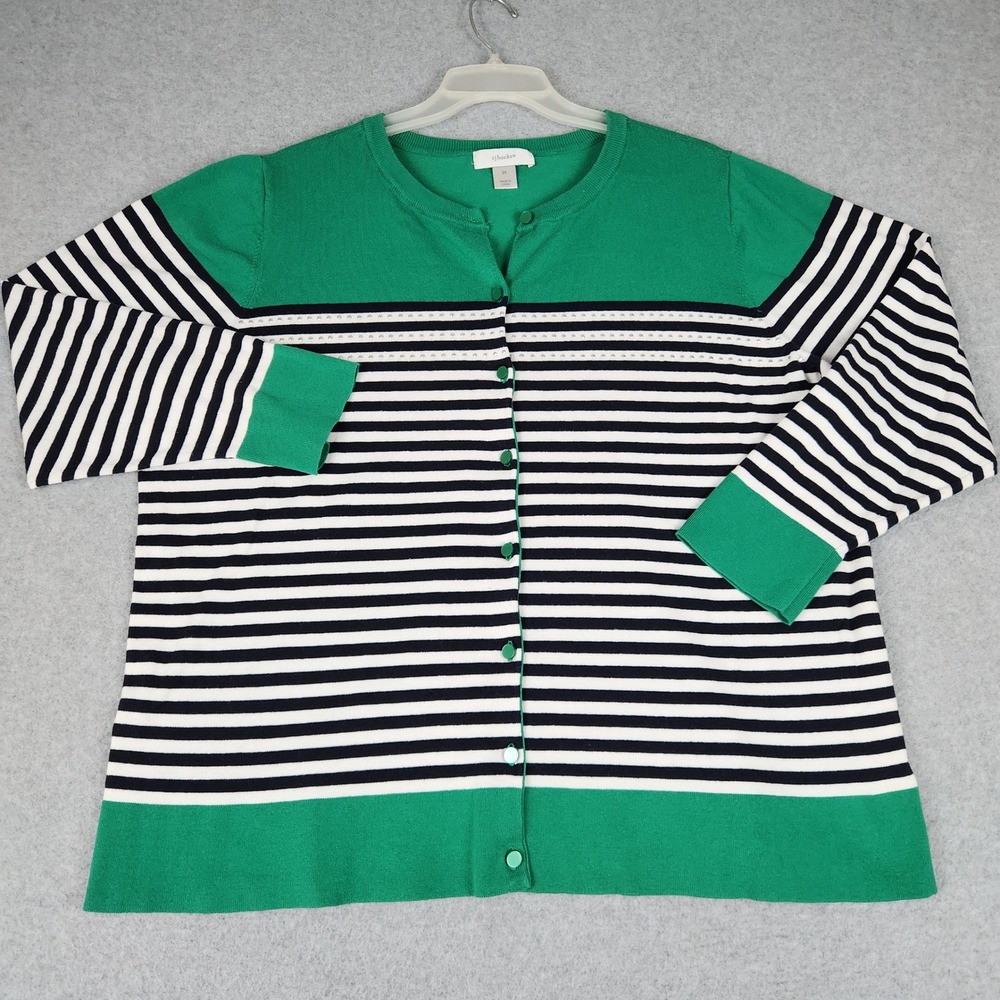 CJ Banks Cardigan Sweater Womens 2X‎ Green Striped Nautical Knitted Button Front